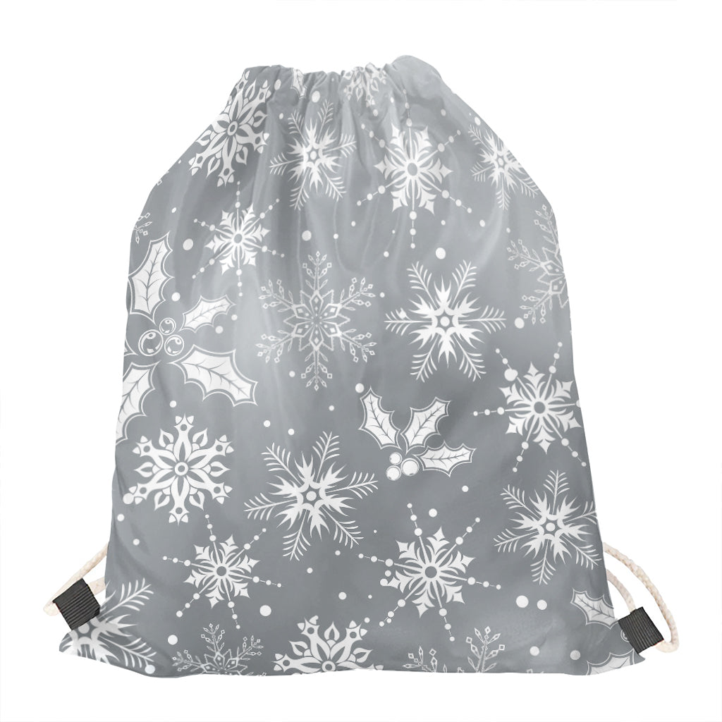 Silver And White Snowflake Pattern Print Drawstring Bag