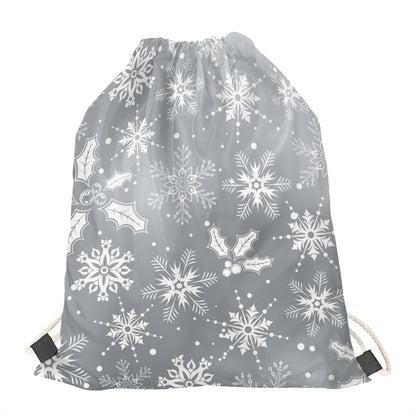 Silver And White Snowflake Pattern Print Drawstring Bag