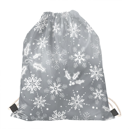 Silver And White Snowflake Pattern Print Drawstring Bag