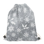 Silver And White Snowflake Pattern Print Drawstring Bag