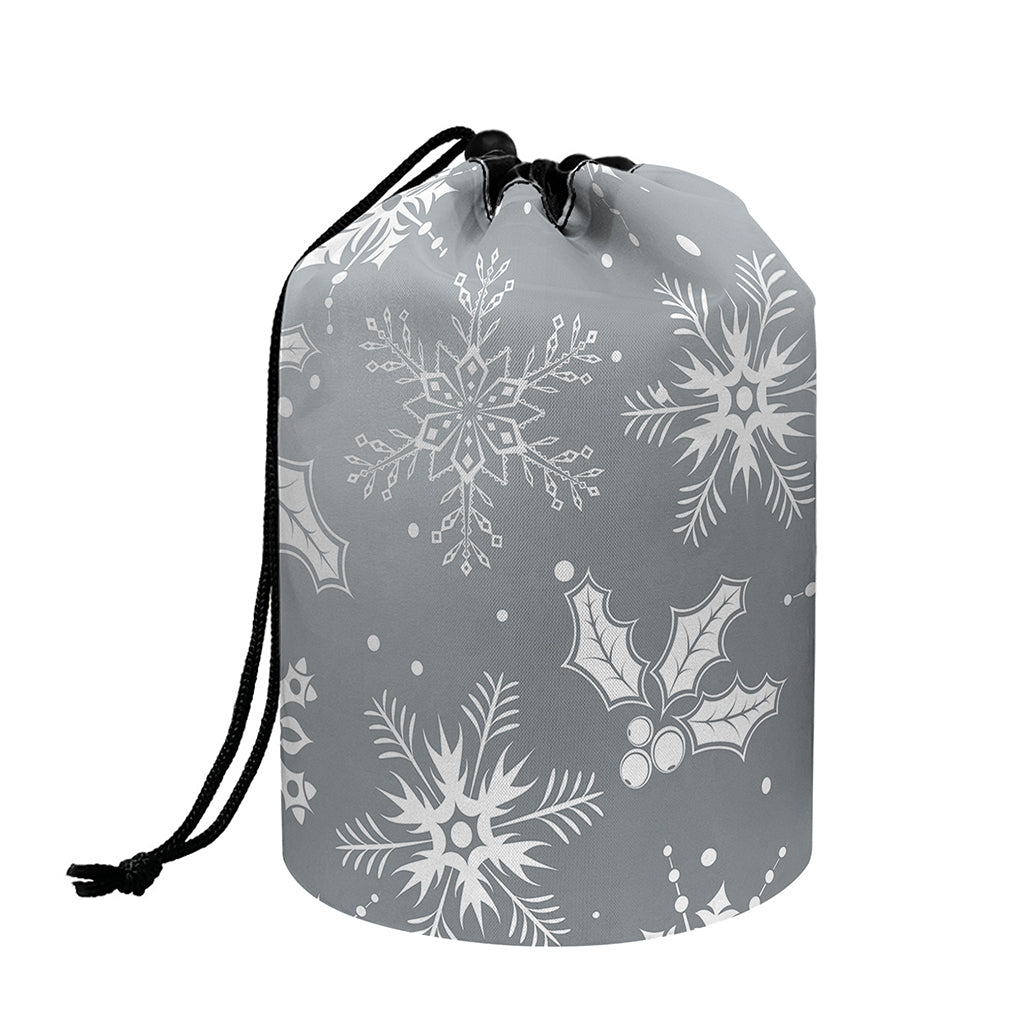 Silver And White Snowflake Pattern Print Drawstring Makeup Bag