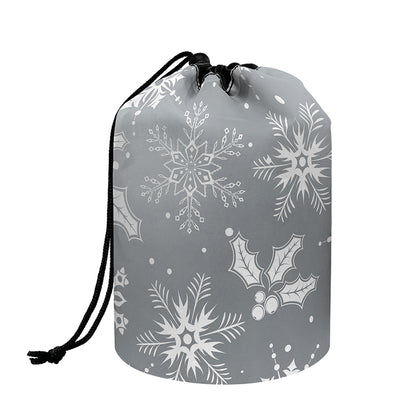 Silver And White Snowflake Pattern Print Drawstring Makeup Bag