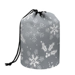 Silver And White Snowflake Pattern Print Drawstring Makeup Bag