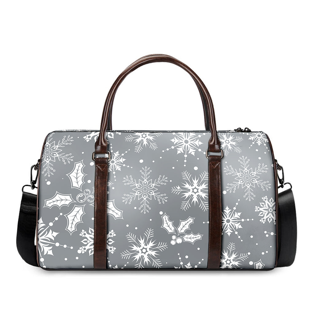 Silver And White Snowflake Pattern Print Duffle Bag