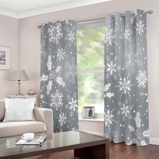 Silver And White Snowflake Pattern Print Extra Wide Grommet Curtains