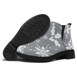 Silver And White Snowflake Pattern Print Flat Ankle Boots