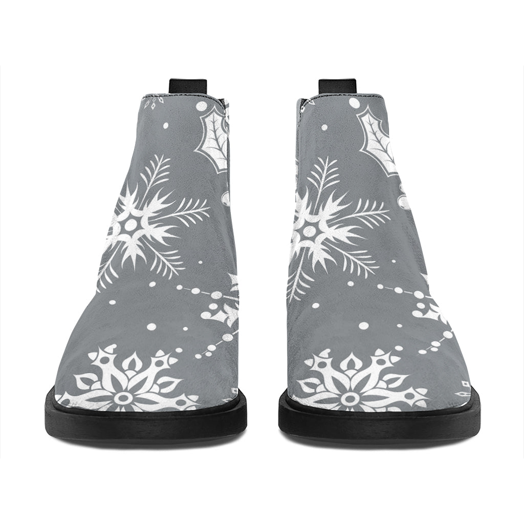 Silver And White Snowflake Pattern Print Flat Ankle Boots