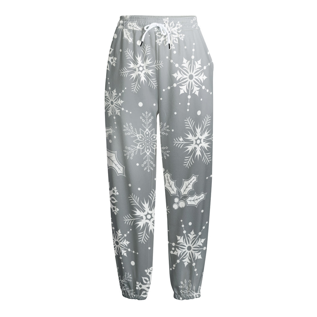 Silver And White Snowflake Pattern Print Fleece Lined Knit Pants