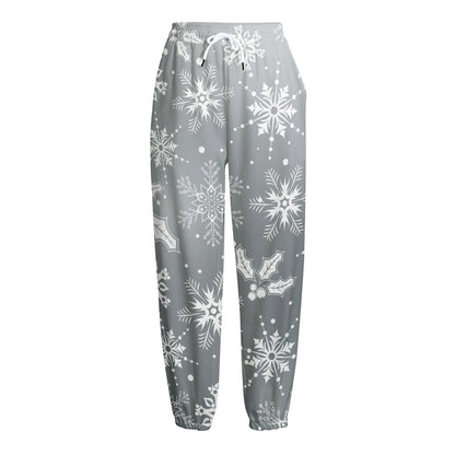 Silver And White Snowflake Pattern Print Fleece Lined Knit Pants