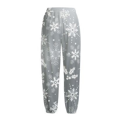 Silver And White Snowflake Pattern Print Fleece Lined Knit Pants