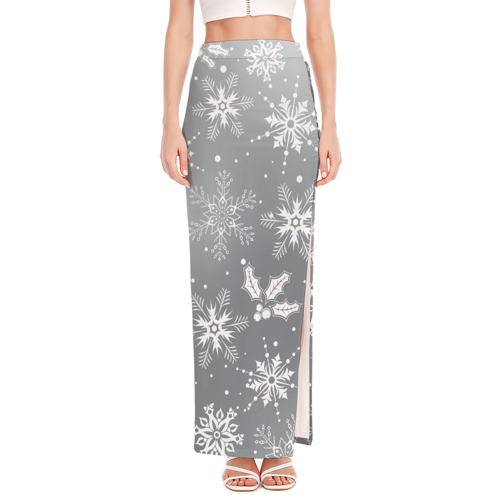 Silver And White Snowflake Pattern Print High Slit Maxi Skirt