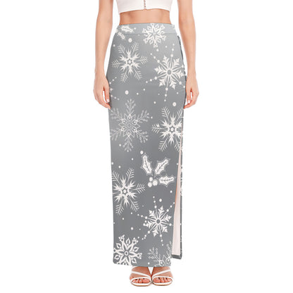 Silver And White Snowflake Pattern Print High Slit Maxi Skirt