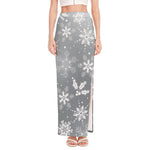 Silver And White Snowflake Pattern Print High Slit Maxi Skirt