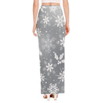 Silver And White Snowflake Pattern Print High Slit Maxi Skirt