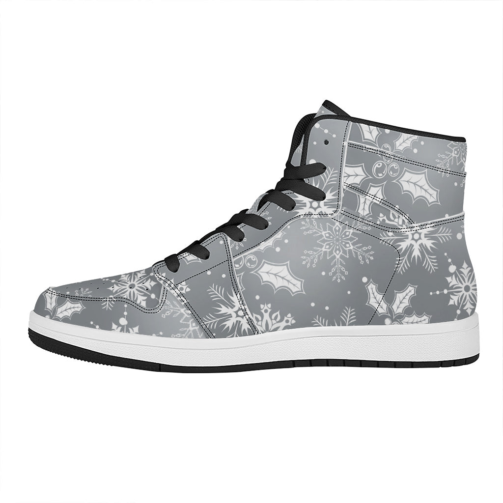 Silver And White Snowflake Pattern Print High Top Leather Sneakers