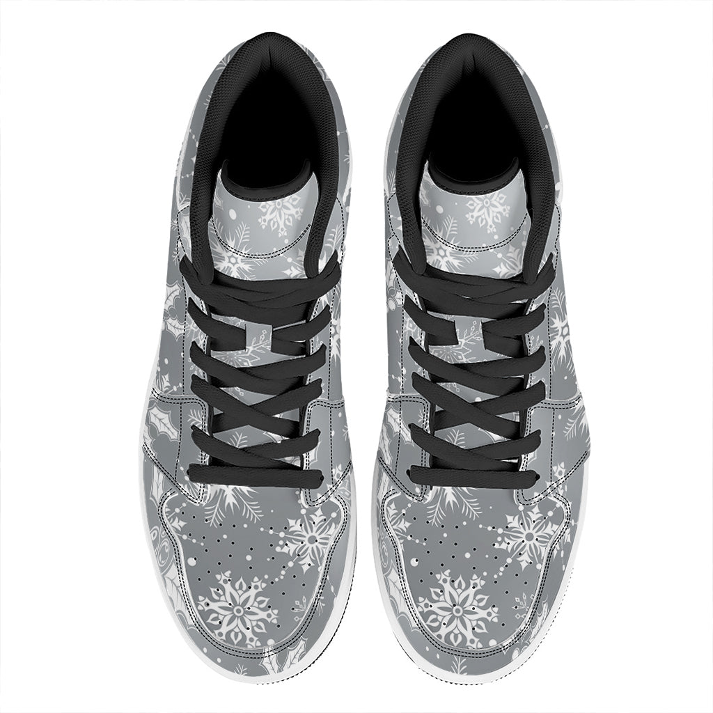 Silver And White Snowflake Pattern Print High Top Leather Sneakers