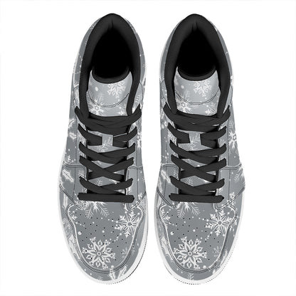 Silver And White Snowflake Pattern Print High Top Leather Sneakers