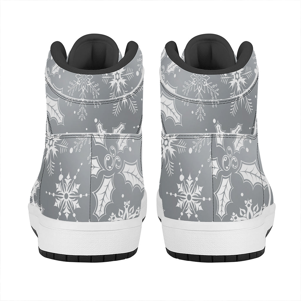 Silver And White Snowflake Pattern Print High Top Leather Sneakers