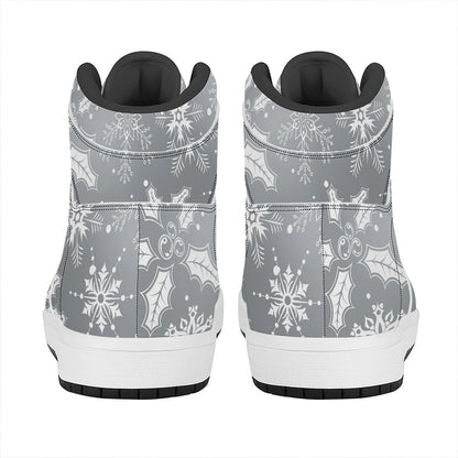 Silver And White Snowflake Pattern Print High Top Leather Sneakers