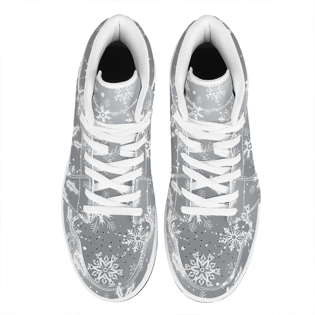 Silver And White Snowflake Pattern Print High Top Leather Sneakers