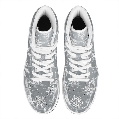Silver And White Snowflake Pattern Print High Top Leather Sneakers