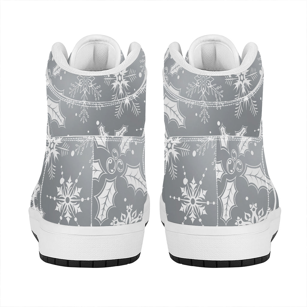 Silver And White Snowflake Pattern Print High Top Leather Sneakers