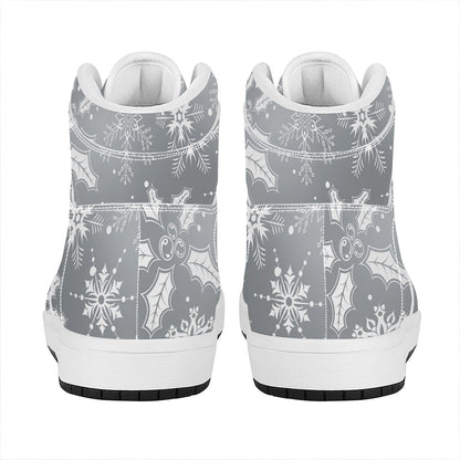 Silver And White Snowflake Pattern Print High Top Leather Sneakers