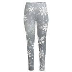 Silver And White Snowflake Pattern Print High-Waisted Pocket Leggings