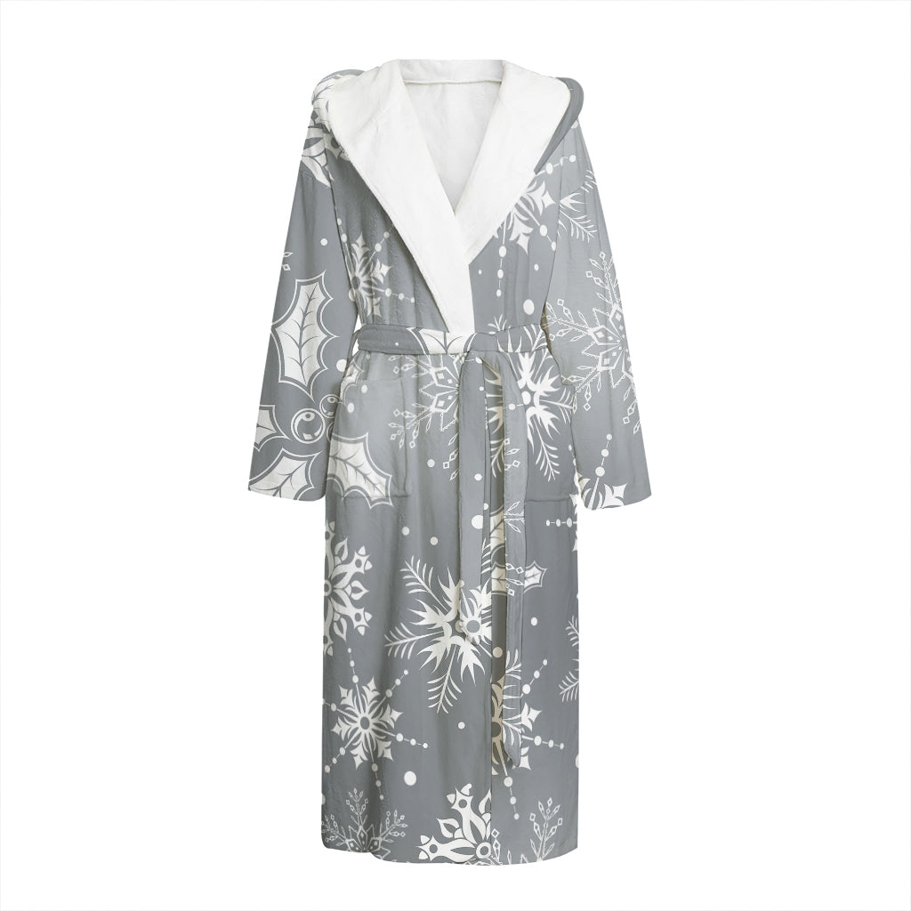 Silver And White Snowflake Pattern Print Hooded Bathrobe