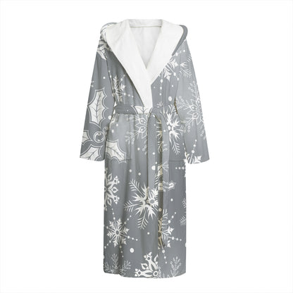 Silver And White Snowflake Pattern Print Hooded Bathrobe
