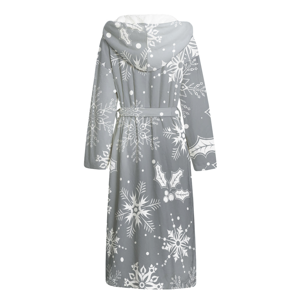 Silver And White Snowflake Pattern Print Hooded Bathrobe