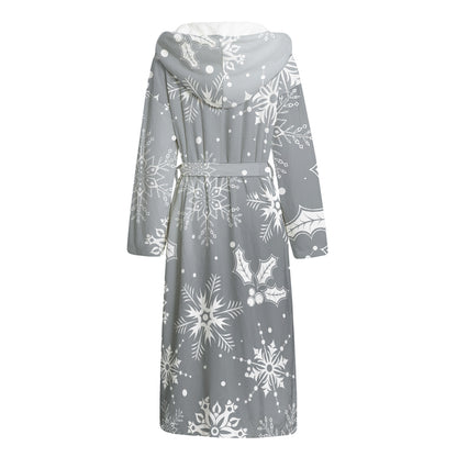Silver And White Snowflake Pattern Print Hooded Bathrobe