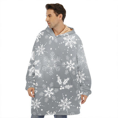 Silver And White Snowflake Pattern Print Hoodie Blanket