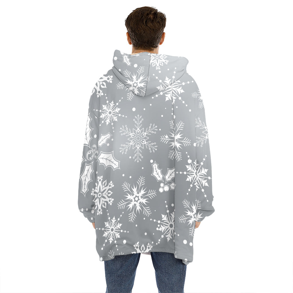Silver And White Snowflake Pattern Print Hoodie Blanket