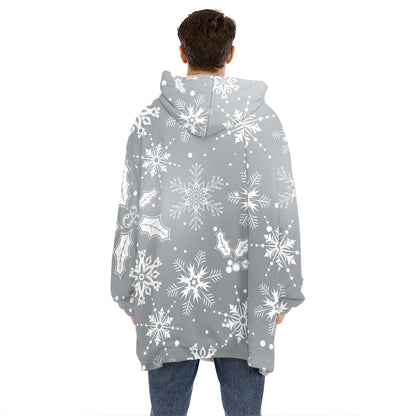 Silver And White Snowflake Pattern Print Hoodie Blanket