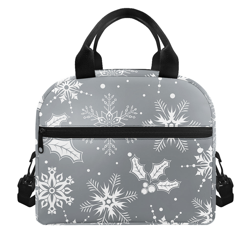 Silver And White Snowflake Pattern Print Insulated Lunch Bag