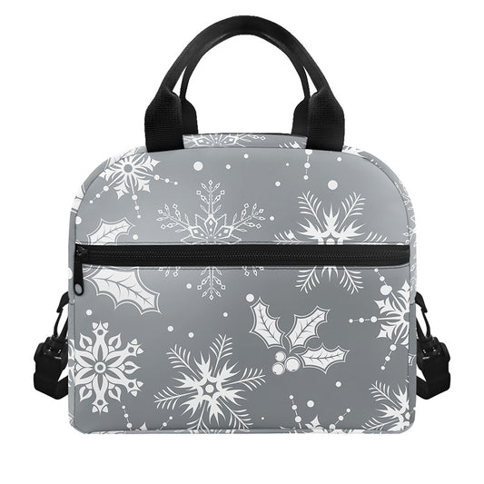 Silver And White Snowflake Pattern Print Insulated Lunch Bag