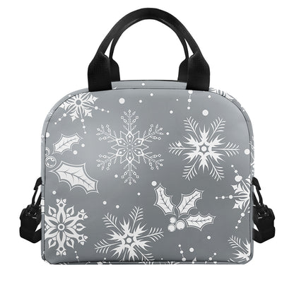 Silver And White Snowflake Pattern Print Insulated Lunch Bag