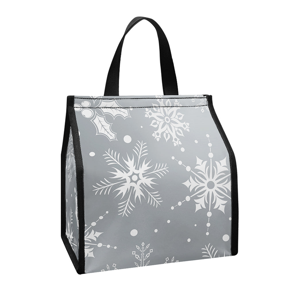 Silver And White Snowflake Pattern Print Insulated Lunch Tote