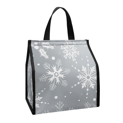 Silver And White Snowflake Pattern Print Insulated Lunch Tote