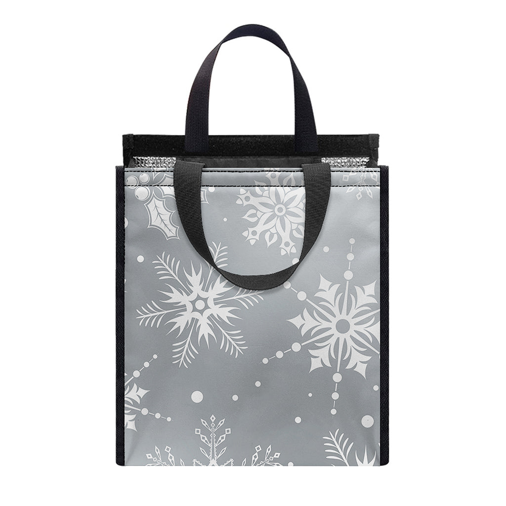 Silver And White Snowflake Pattern Print Insulated Lunch Tote
