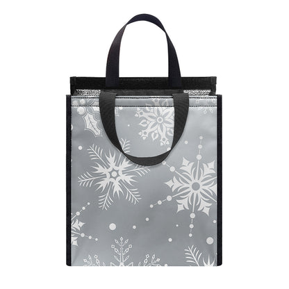 Silver And White Snowflake Pattern Print Insulated Lunch Tote