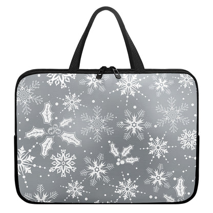 Silver And White Snowflake Pattern Print Laptop Sleeve With Handle