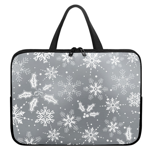 Silver And White Snowflake Pattern Print Laptop Sleeve With Handle