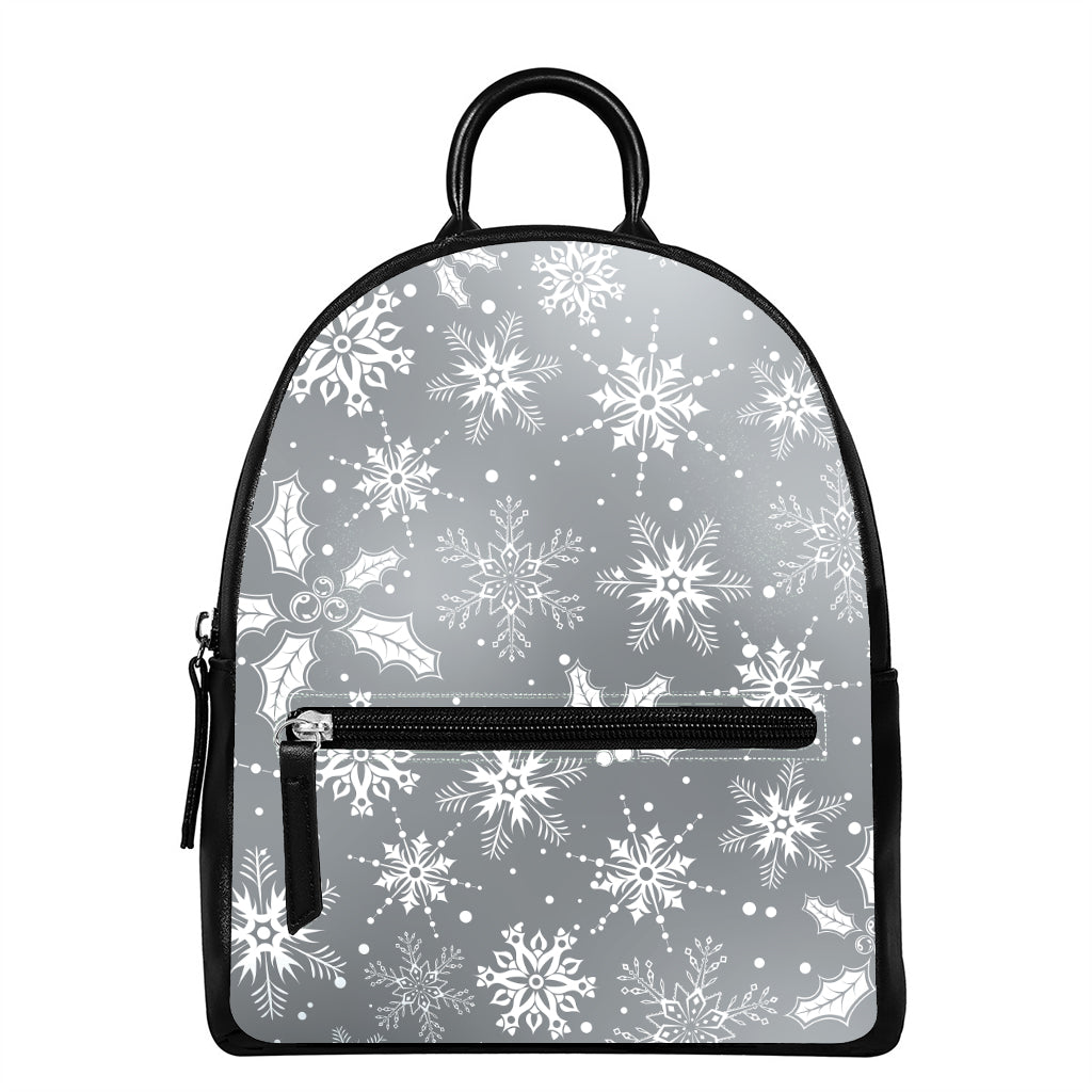 Silver And White Snowflake Pattern Print Leather Backpack