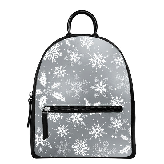 Silver And White Snowflake Pattern Print Leather Backpack