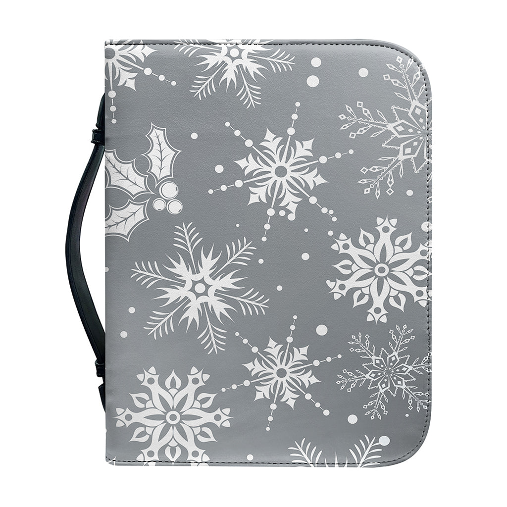Silver And White Snowflake Pattern Print Leather Bible Cover