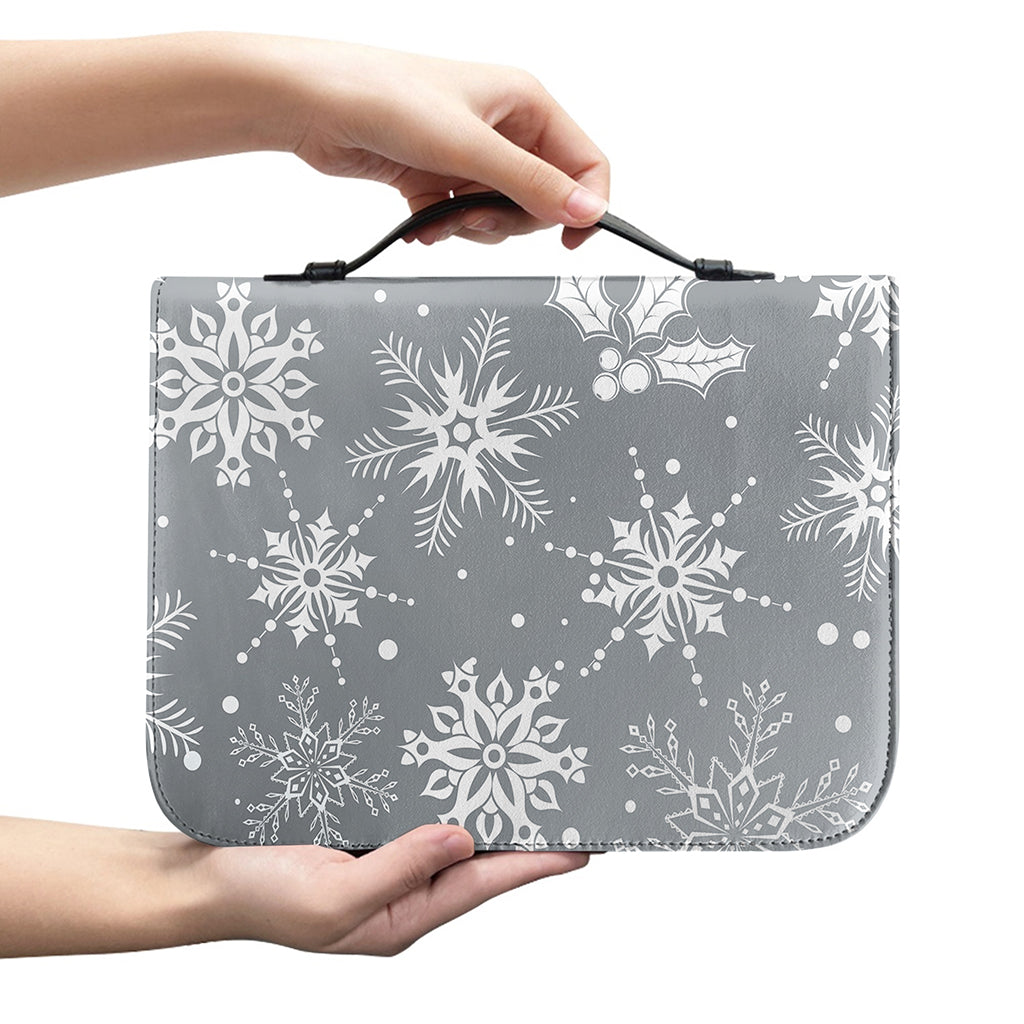 Silver And White Snowflake Pattern Print Leather Bible Cover
