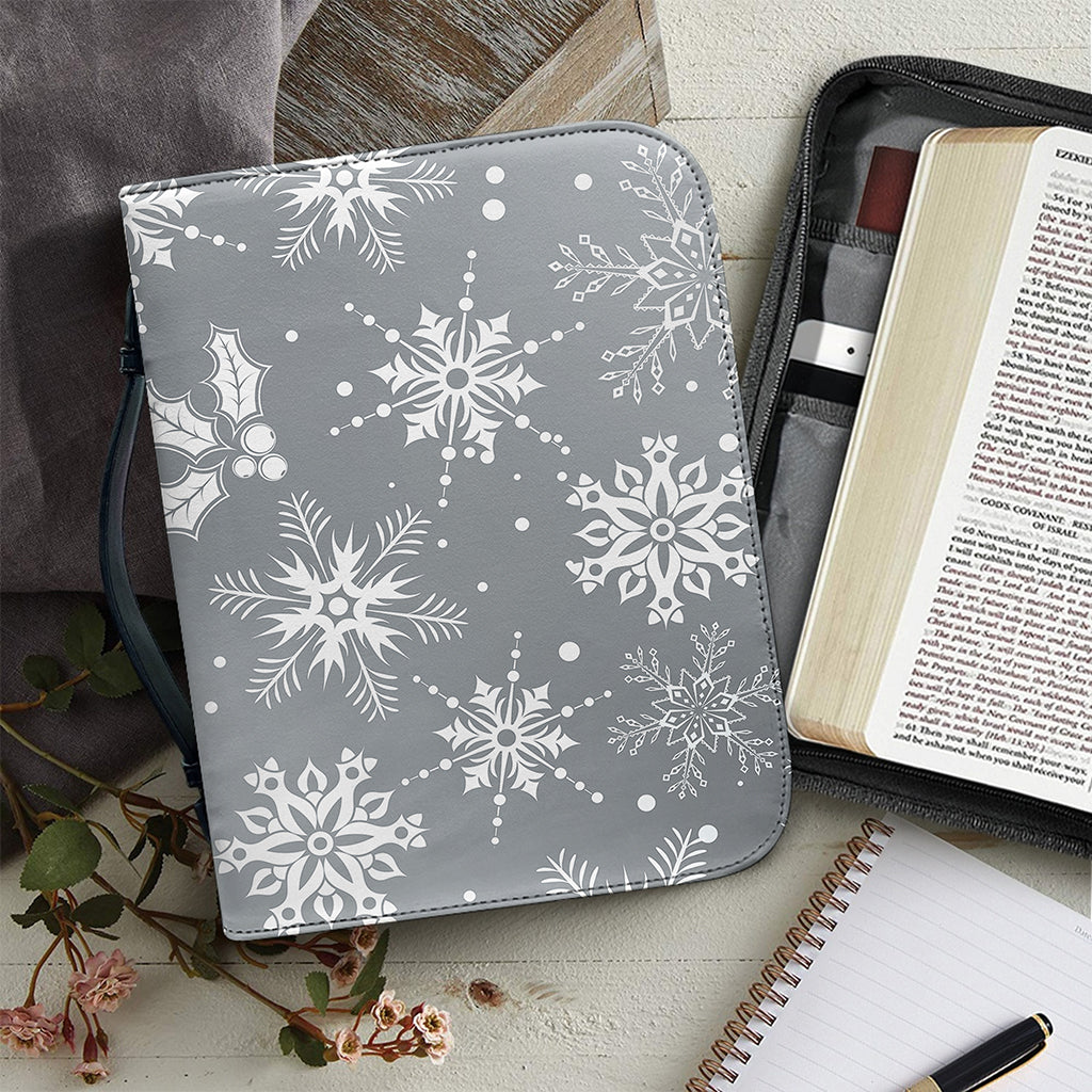 Silver And White Snowflake Pattern Print Leather Bible Cover