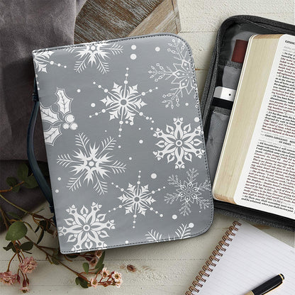 Silver And White Snowflake Pattern Print Leather Bible Cover